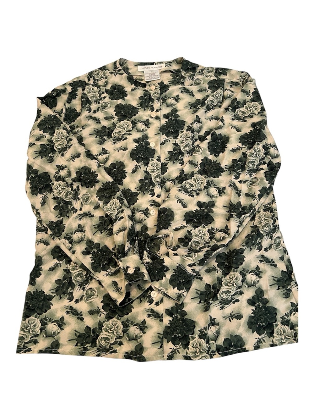 Jones New York Size 6 Green & Cream Floral Button Front  Long Sleeve Blouse EUC